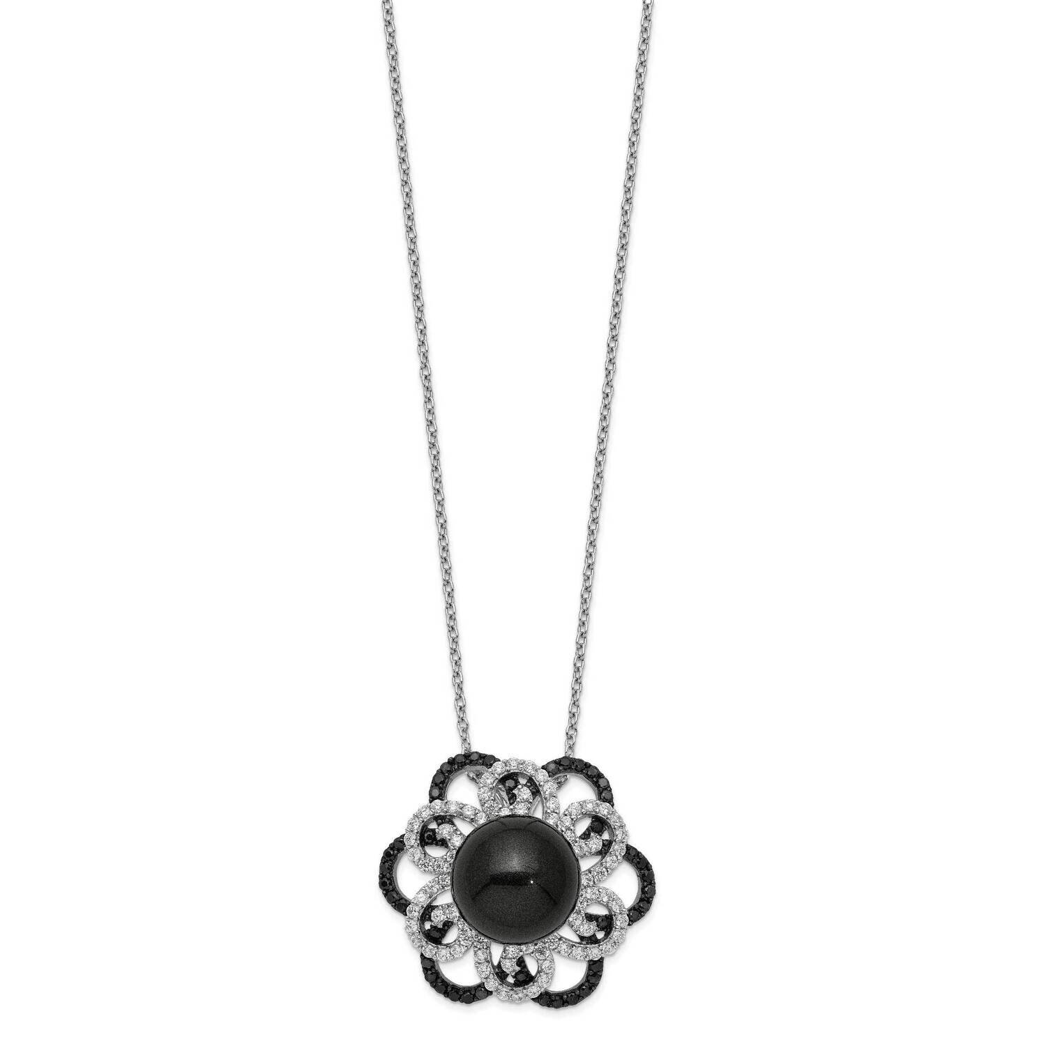 Majestik 12-13mm Black Shell Black White CZ Diamond Necklace Sterling Silver Rhodium-plated QMJN133B-17