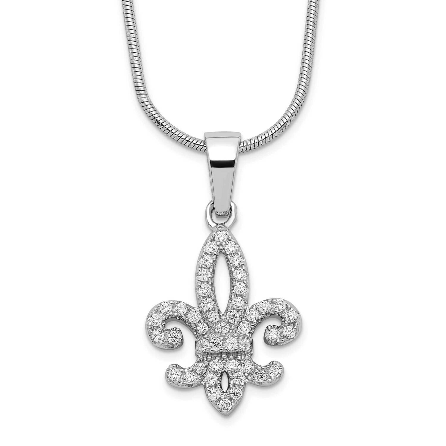 Fleur De Lis Necklace Sterling Silver Rhodium-plated CZ Diamond QMP783-18