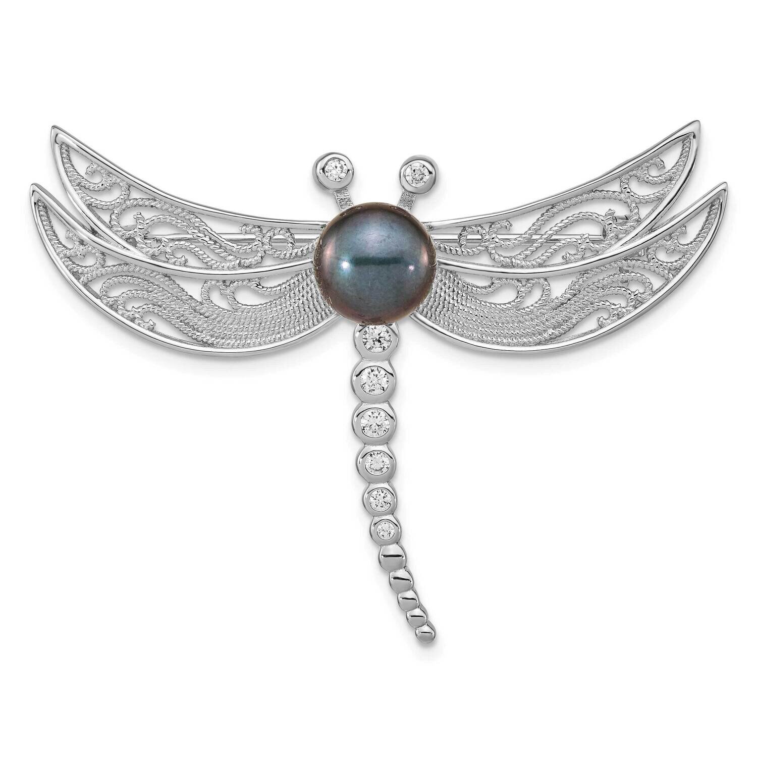 Sterling Silver Rho-Pl CZ Diamond 8-9mm Black Button Cultured Freshwater Pearl DragoNFLy Brooch Ste…