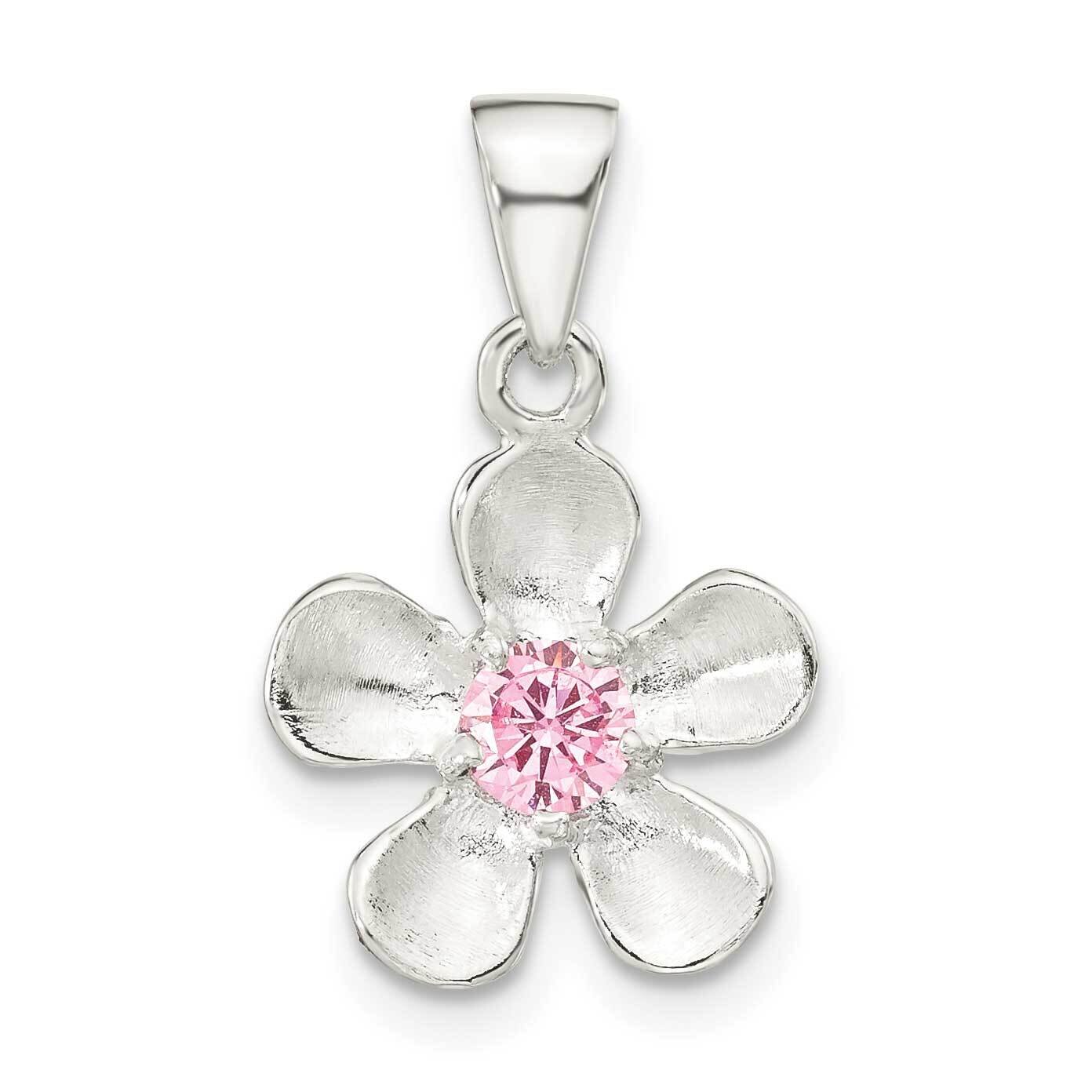 Brushed &amp; Polished Pink CZ Diamond Flower Pendant Sterling Silver QP5693