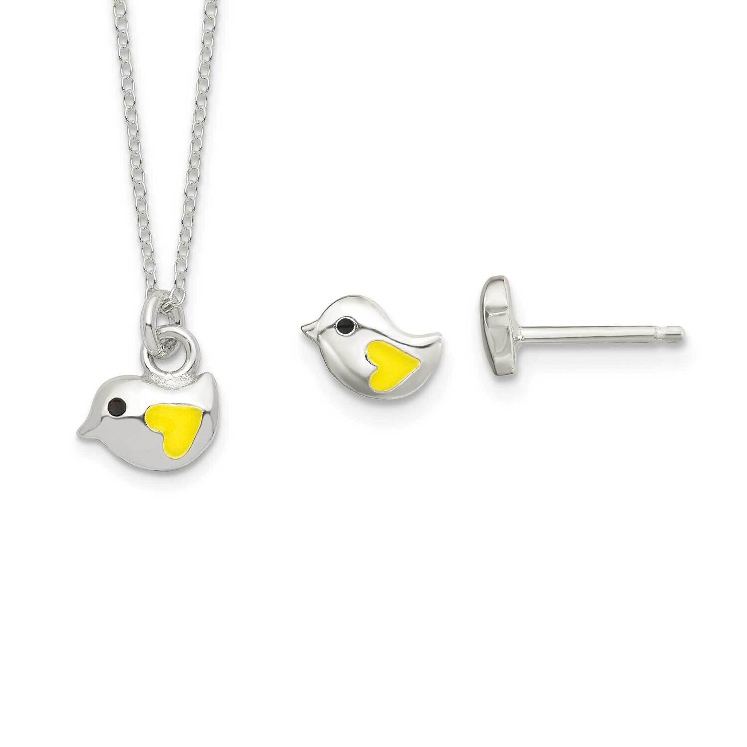Kids Yellow Enameled Bird Necklace and Post Earrings Set Sterling Silver QST273