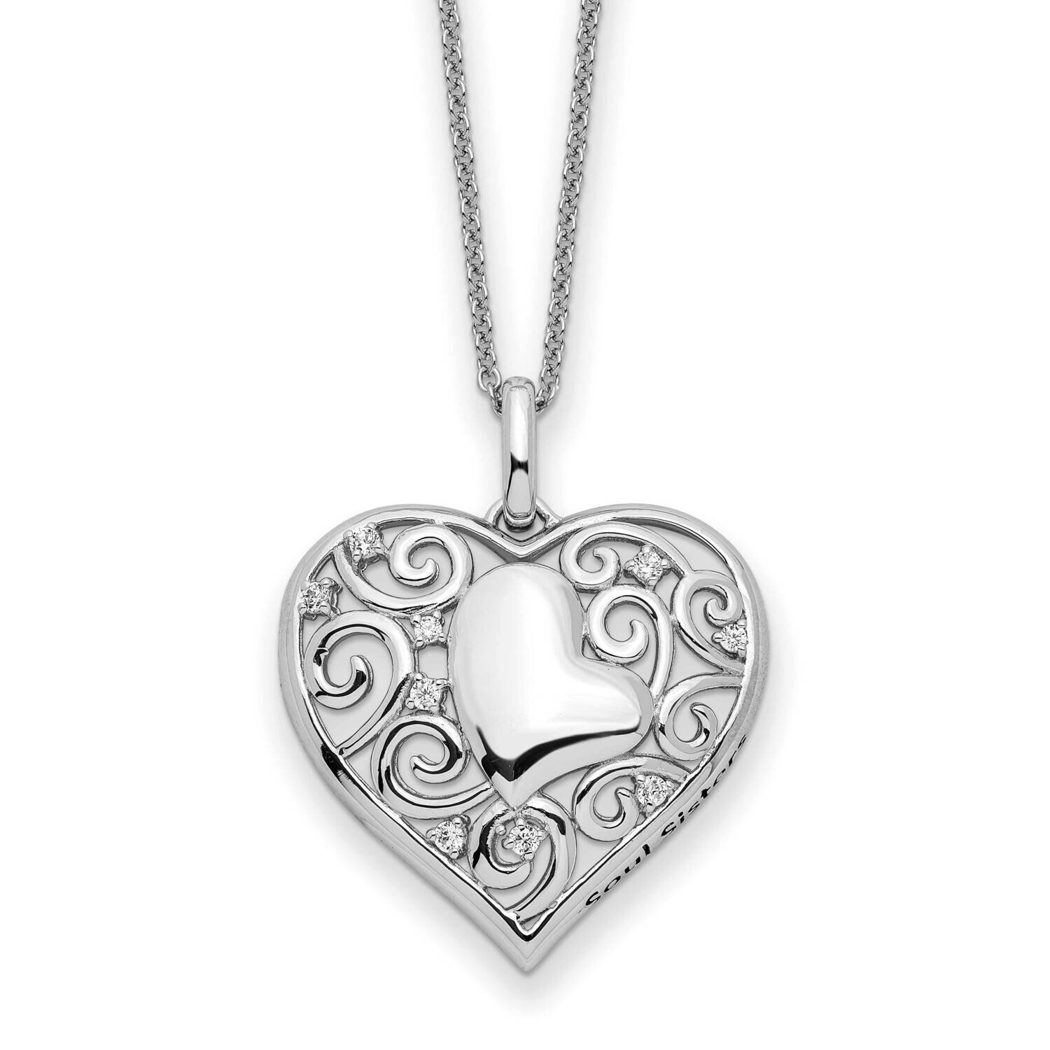 CZ Diamond Antiqued Soul Sister Heart 18 Inch Necklace Sterling Silver QSX750