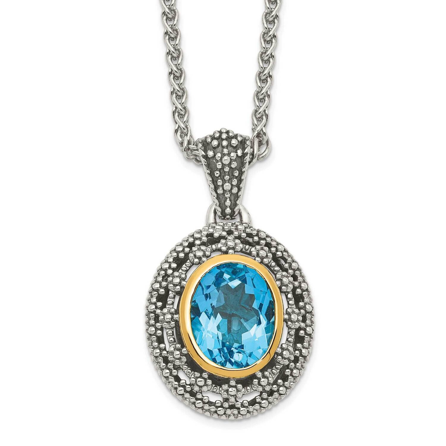 Accent Light Swiss Blue Topaz Oval Necklace Sterling Silver with 14k Gold QTC1631