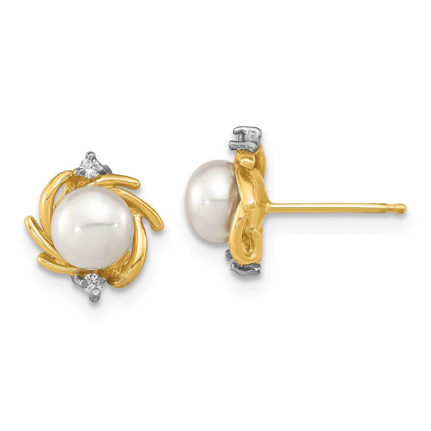 5-6mm Button White Cultured Freshwater Pearl .04Ct. Diamond Earrings 14k Gold SE3036