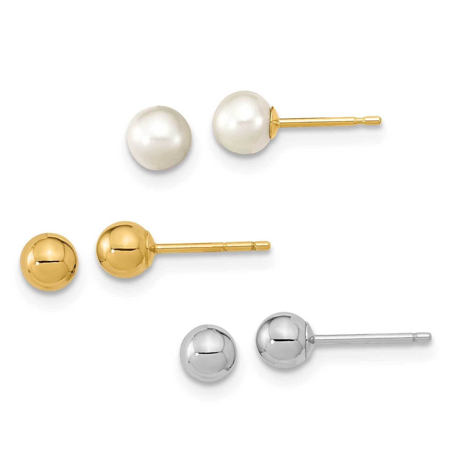 4-5mm Round White Cultured Freshwater Pearl Set Of 3 Earrings 14k Two-tone Gold SE3038
