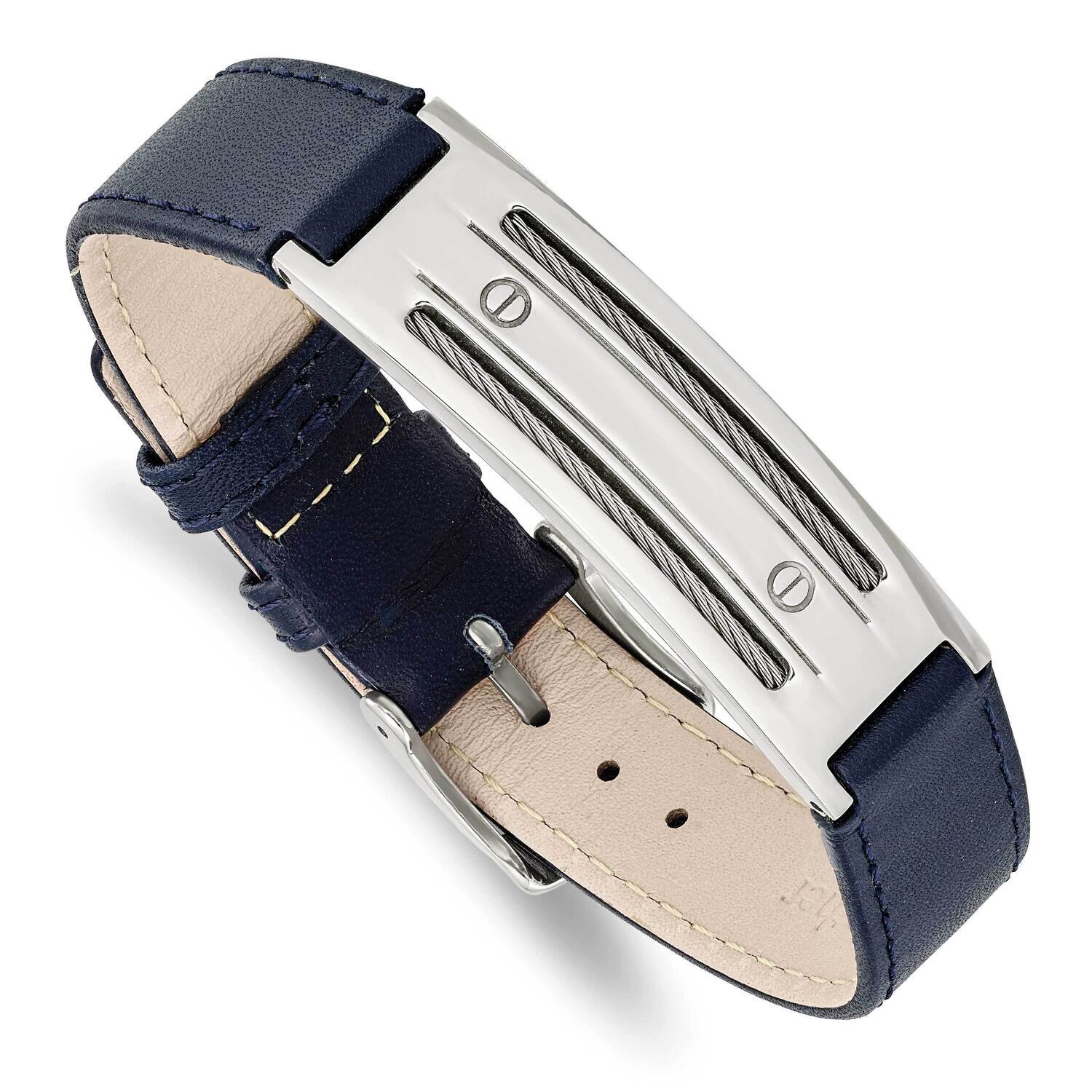 Blue Leather with Wire Adjustable Buckle Bracelet Stainless Steel Polished SRB1118-8.25