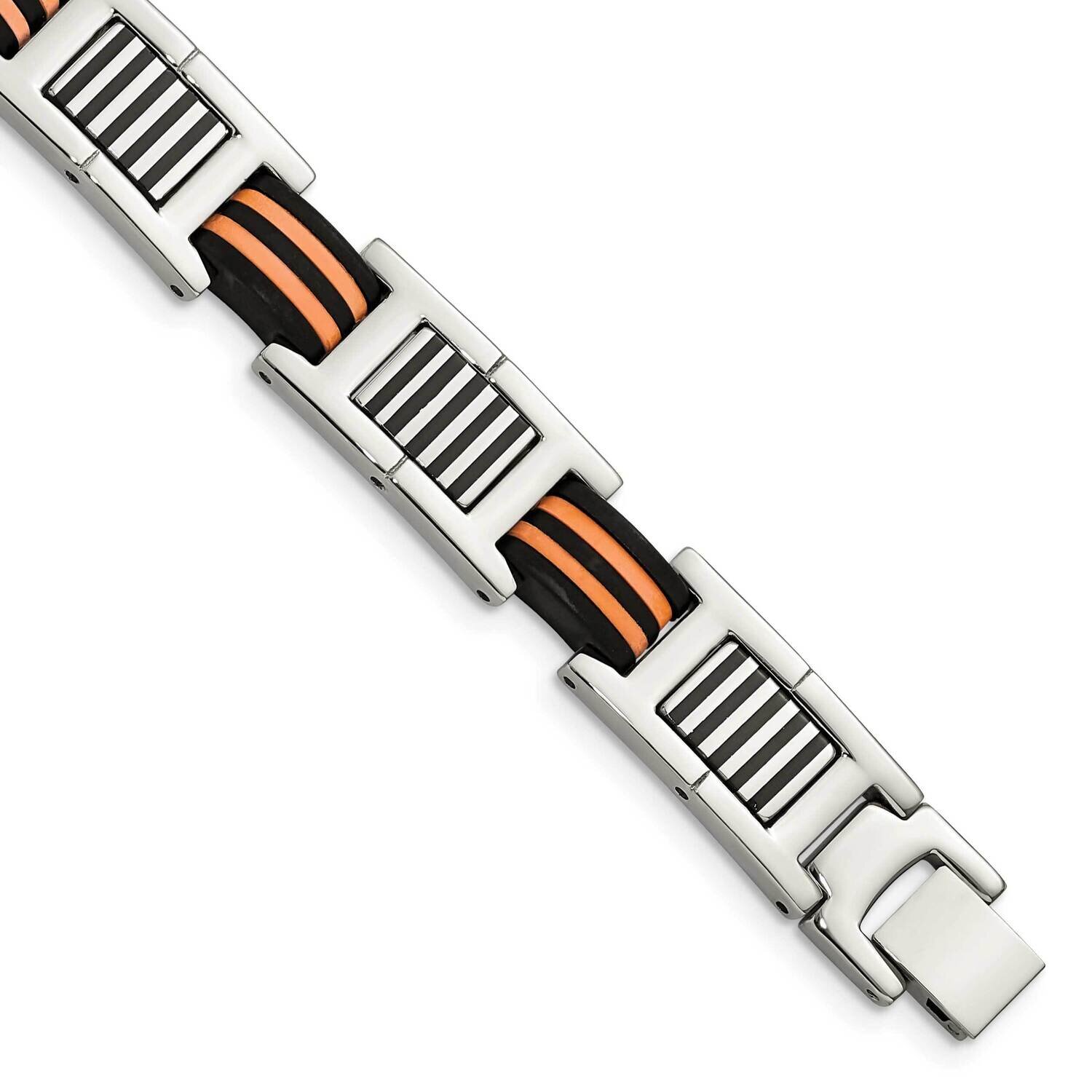 8.5 Inch Polished with Rubber Black and Orange Bracelet 8.5 Inch Stainless Steel SRB1216-8.5