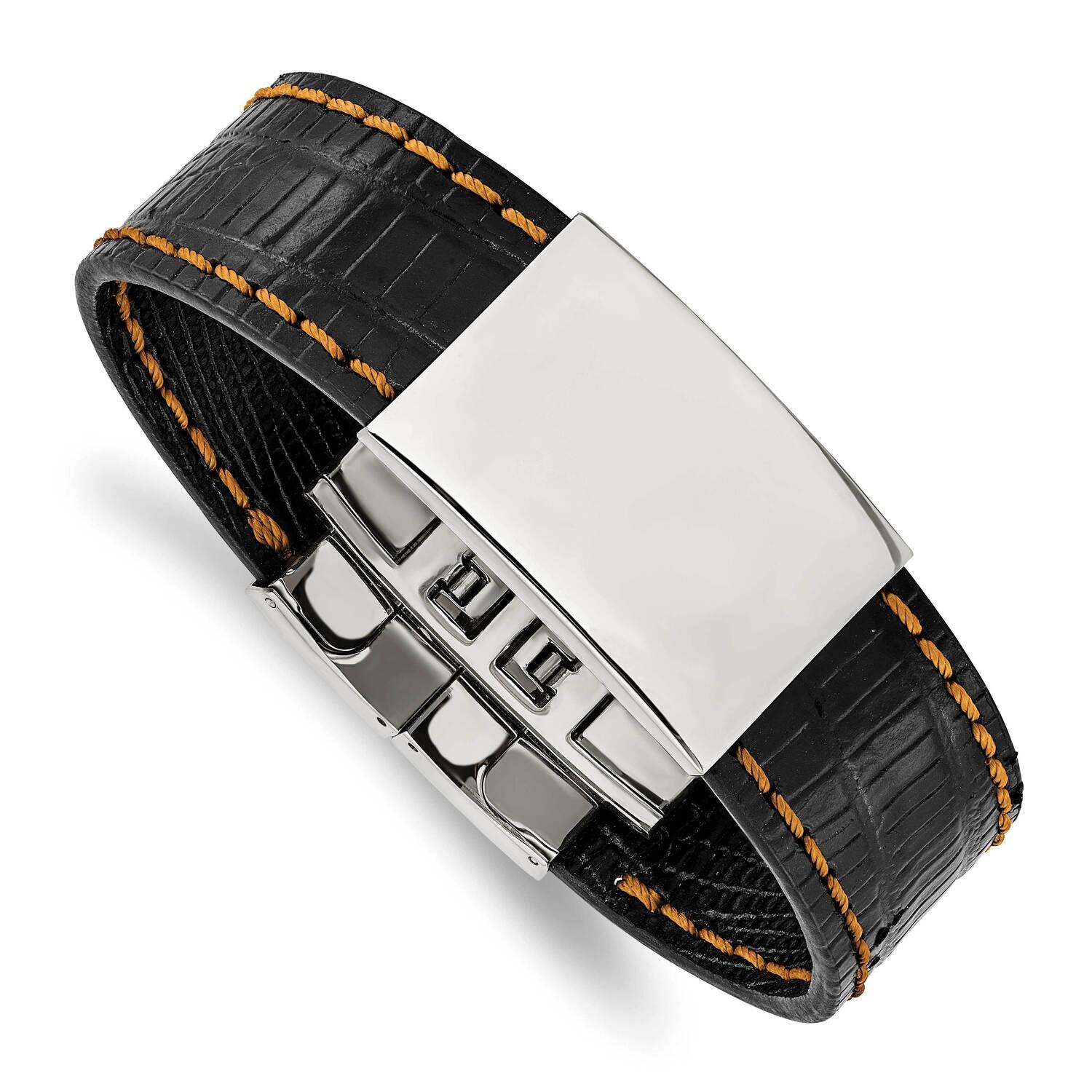 Black Leather/Orange Stitch 8.5 Inch Id Bracelet 8.5 Inch Stainless Steel Polished SRB1221-8.5 by C…