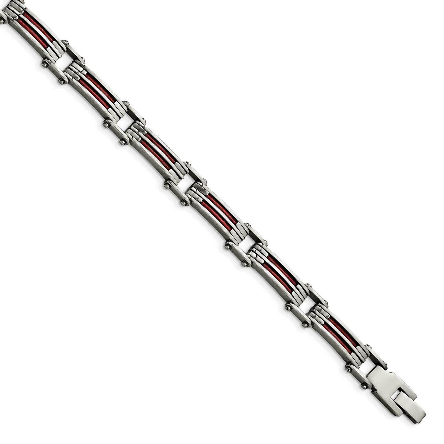 Metallic Red Leather Polished Link Bracelet Stainless Steel SRB1437-8.25 by Chisel, MPN: SRB1437-8.…