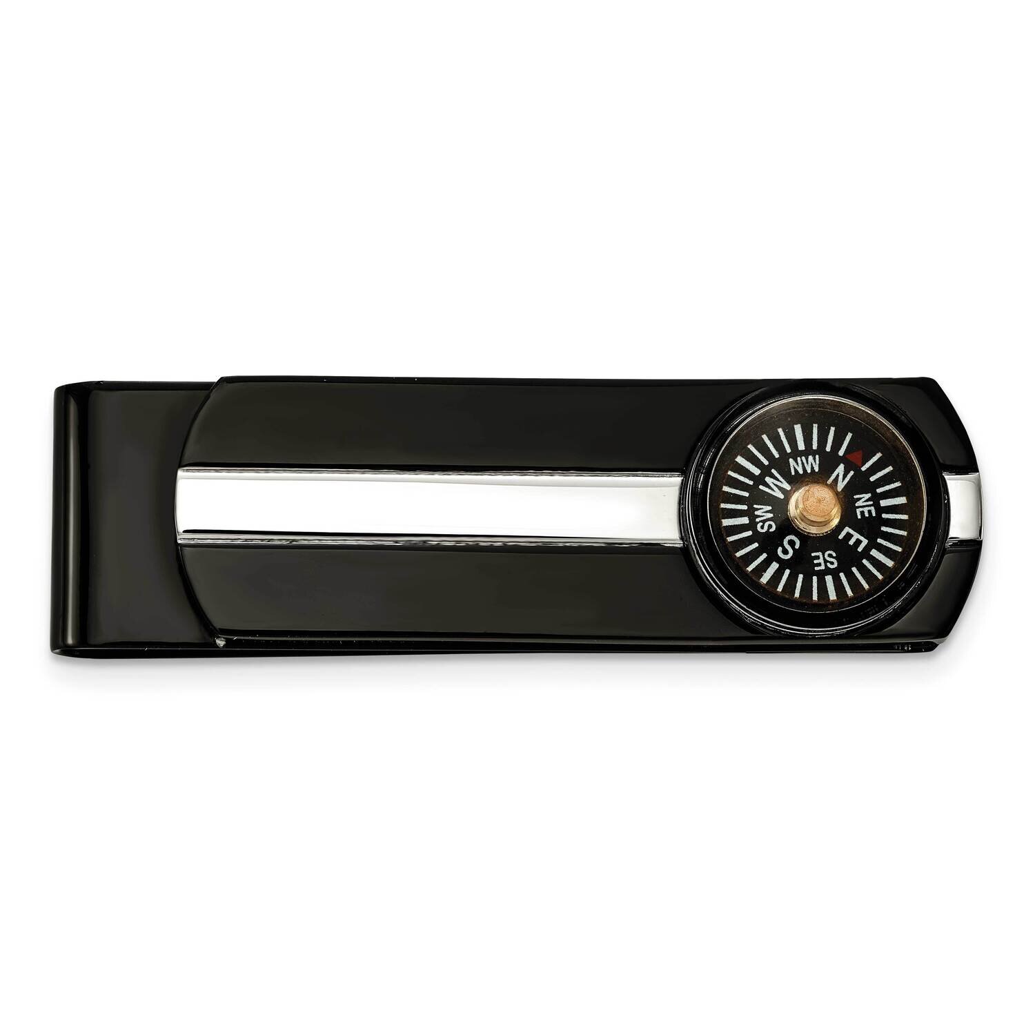 Black Ip-Plated Functional Compass Money Clip Stainless Steel Polished SRM203