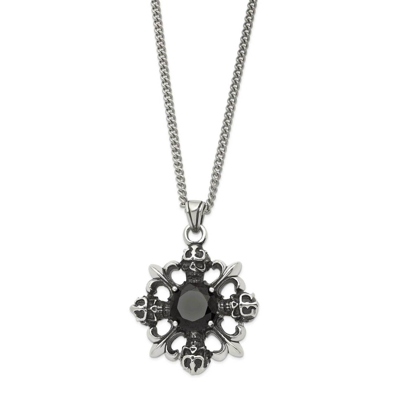 Antiqued &amp; Polished with Black CZ Diamond Skulls &amp; Fleur De Lis Neckla Stainless Steel SRN1142-22 b…