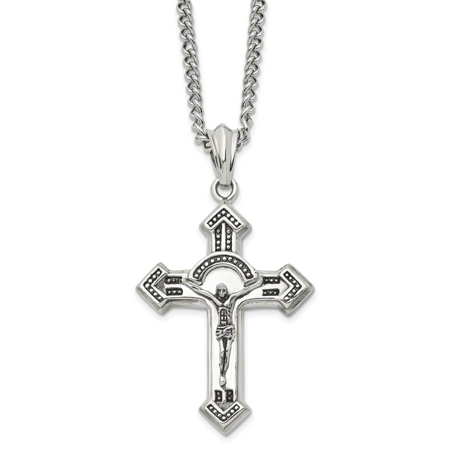 Antiqued & Polished Crucifix 24 Inch Necklace Stainless Steel SRN1158-24