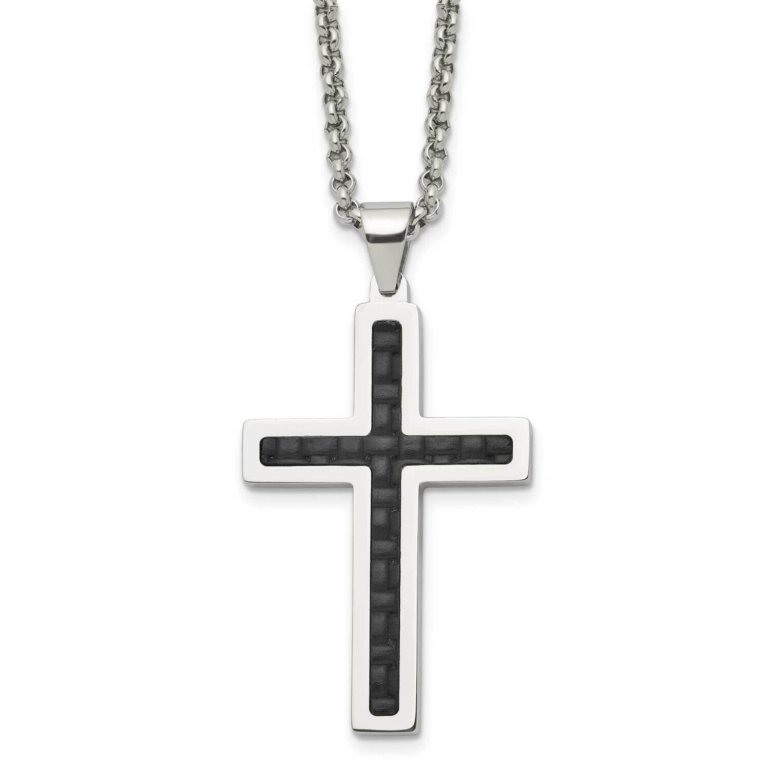 Black Genuine Leather Inlay Cross 20 Inch Necklace Stainless Steel Polished SRN1694-20