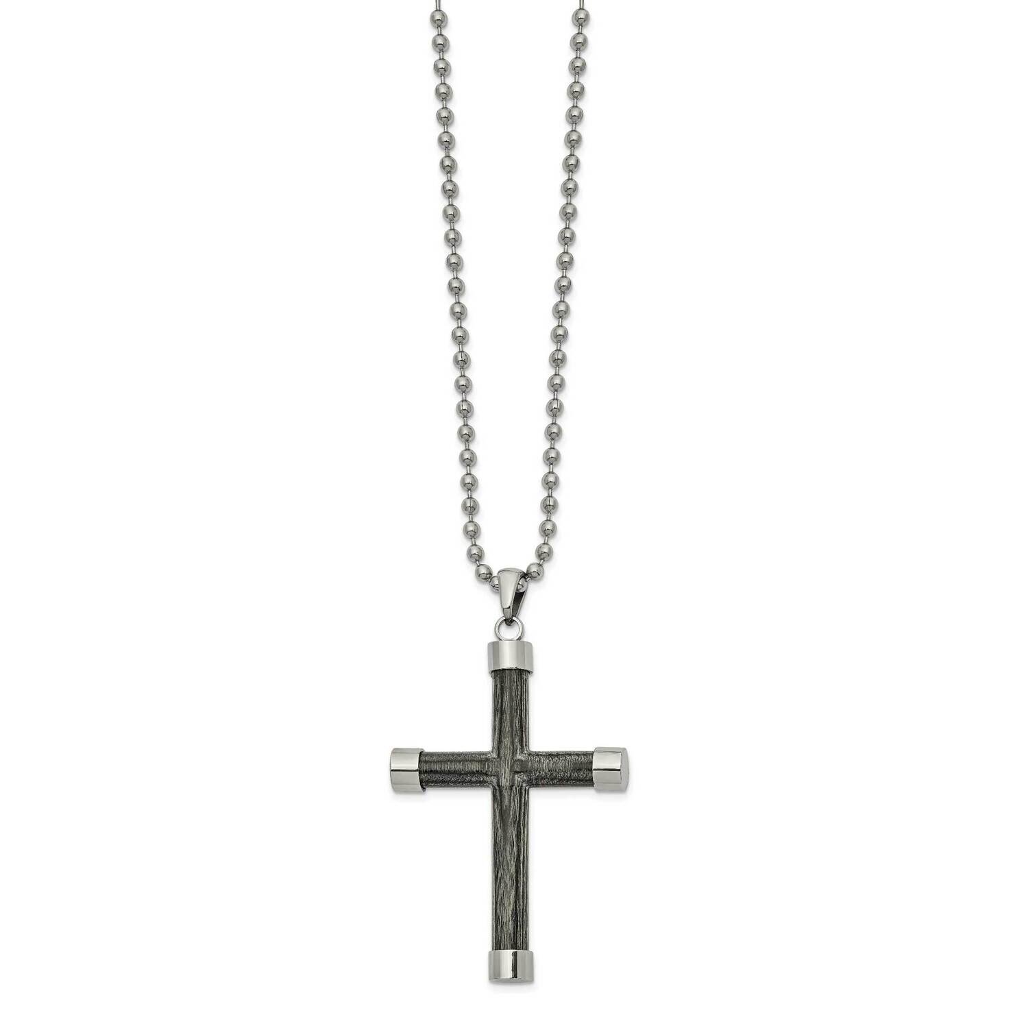 Gray Wood Inlay Cross 24 Inch Necklace Stainless Steel Polished SRN2632-24