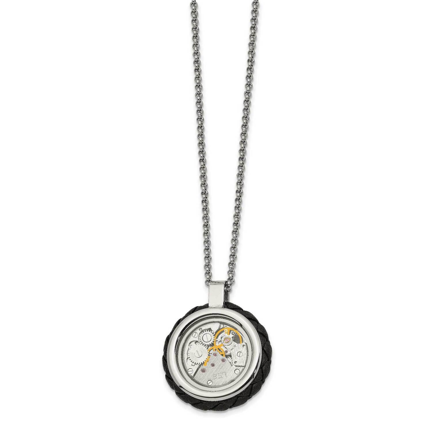 Polished Yellow Ip with CZ Diamond Leather 22 Inch Necklace Stainless Steel Brushed SRN2717-22