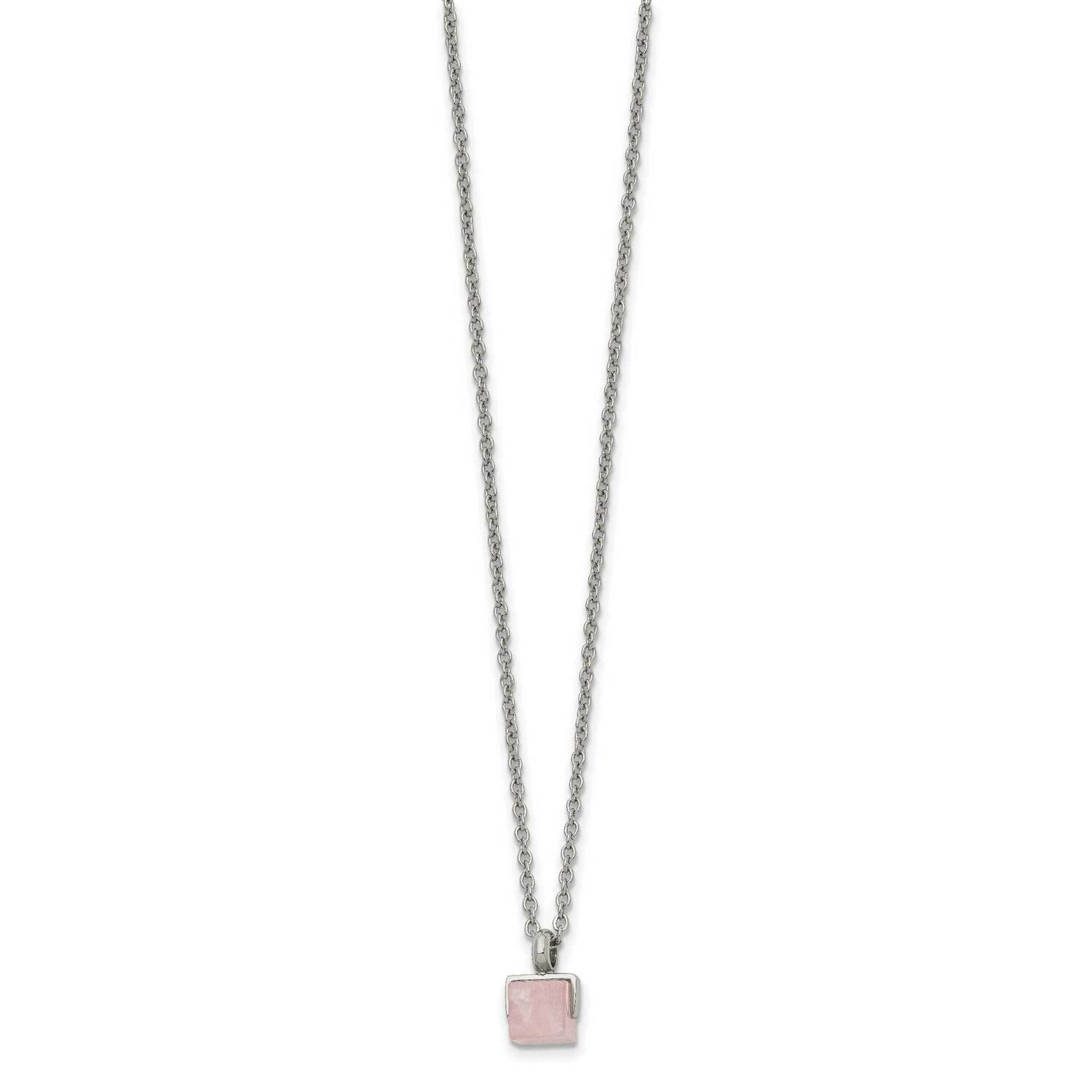 Rose Quartz Square 16 Inch 2 Inch Ext. Necklace Stainless Steel Polished SRN2752-16