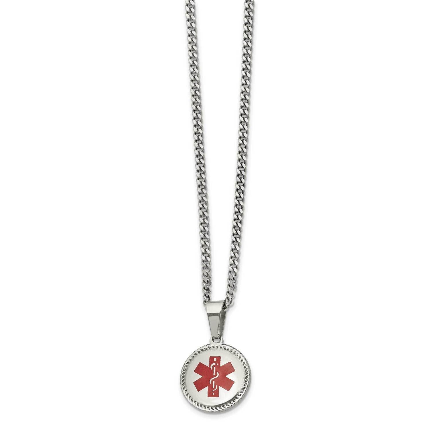 Red Enamel Circle Medical Id 20 Inch Necklace Stainless Steel Polished SRN2758-20