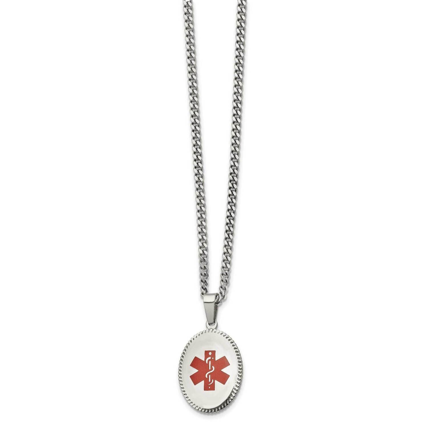 Red Enamel Oval Medical Id 20 Inch Necklace Stainless Steel Polished SRN2759-20