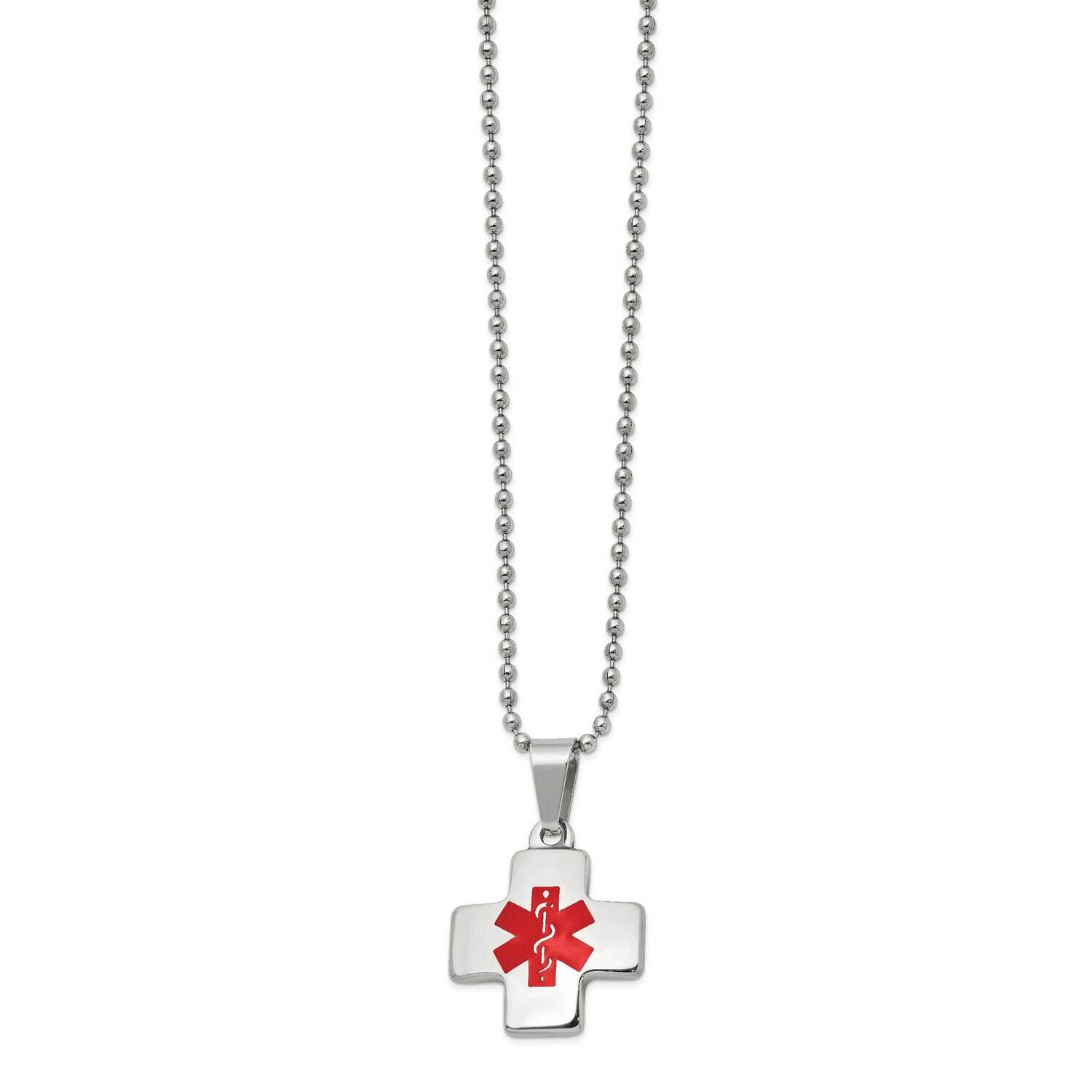 Red Enamel Cross Medical Id 20 Inch Necklace Stainless Steel Polished SRN2760-20