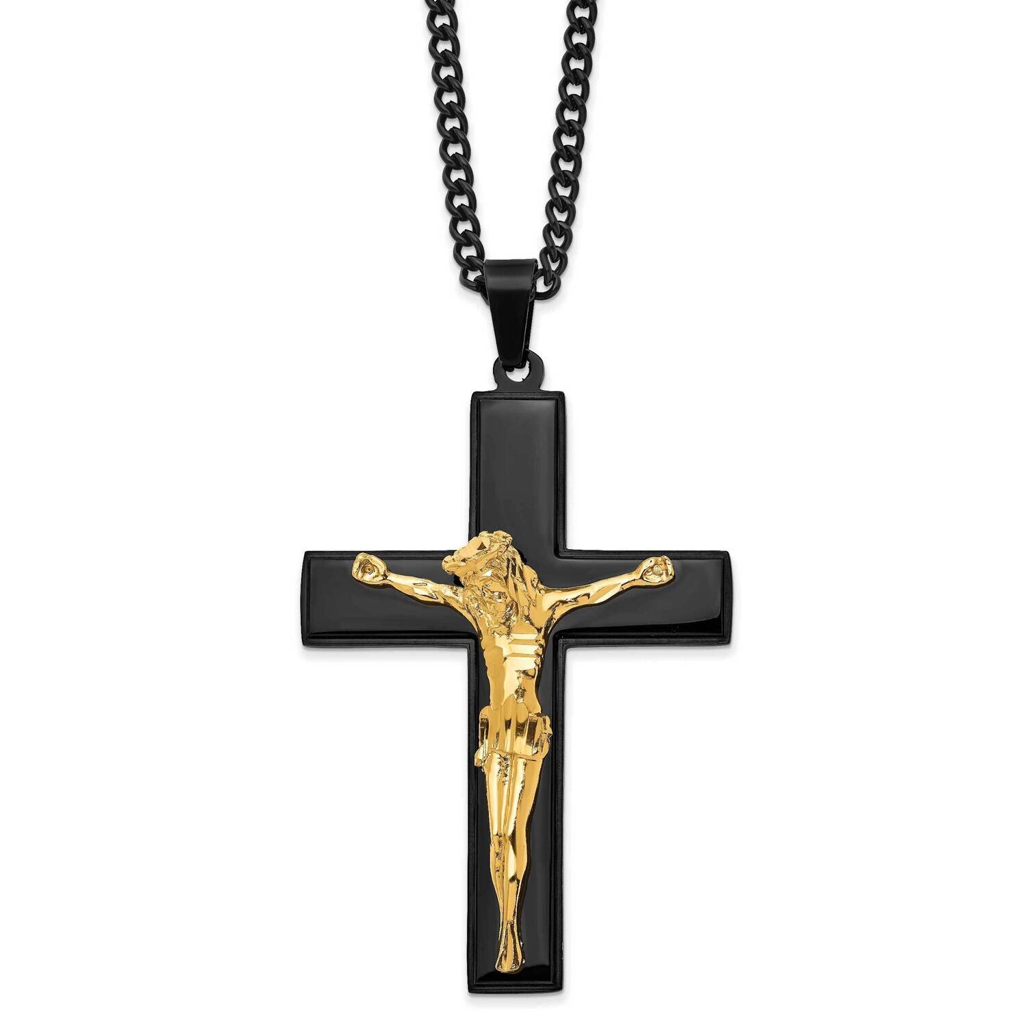24 Inch Polished Black & Yellow Ip-Plated Crucifix Necklace Stainless Steel SRN2763-24