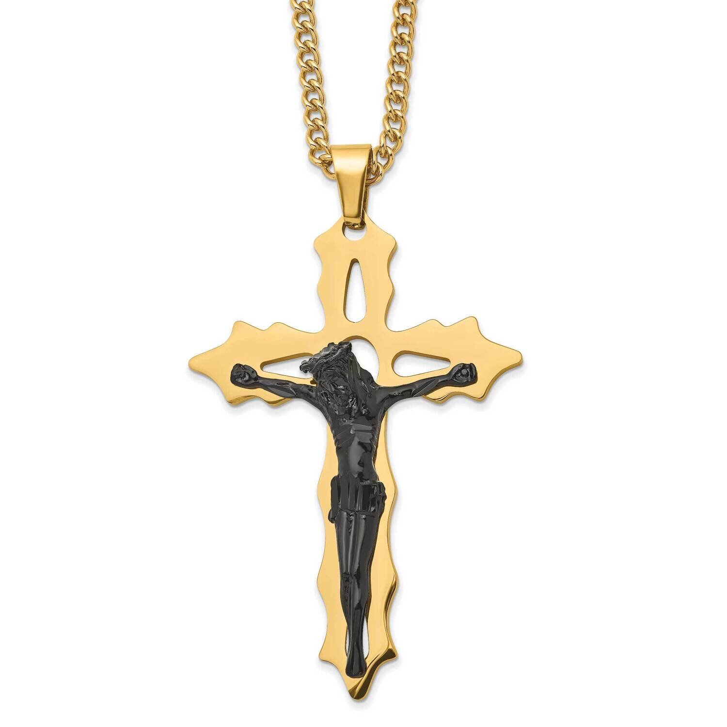 Black and Yellow Ip Cutout Crucifix 24 Inch Necklace Stainless Steel Polished SRN2774-24
