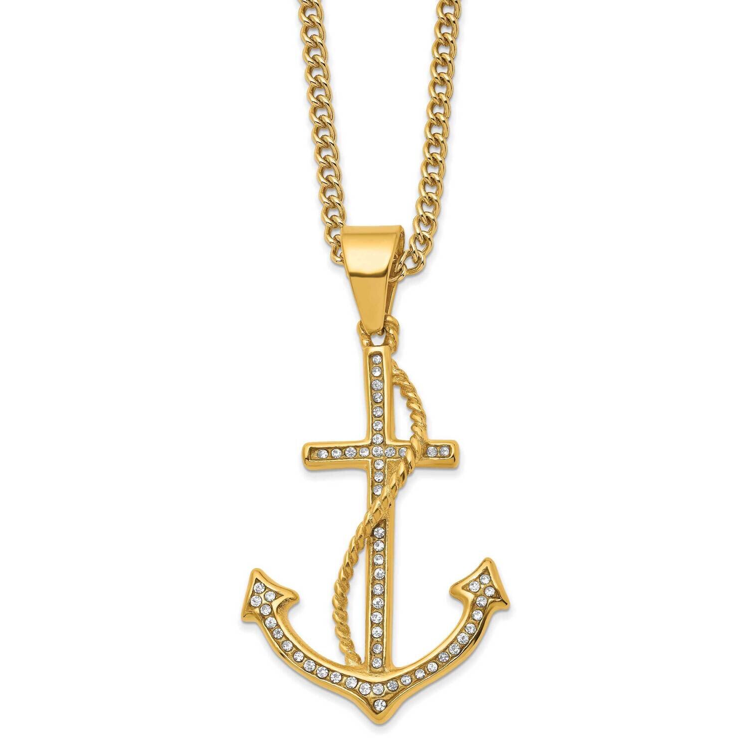 24 Inch Polished Yellow Ip-Plated Crystal Anchor Necklace Stainless Steel SRN2777-24