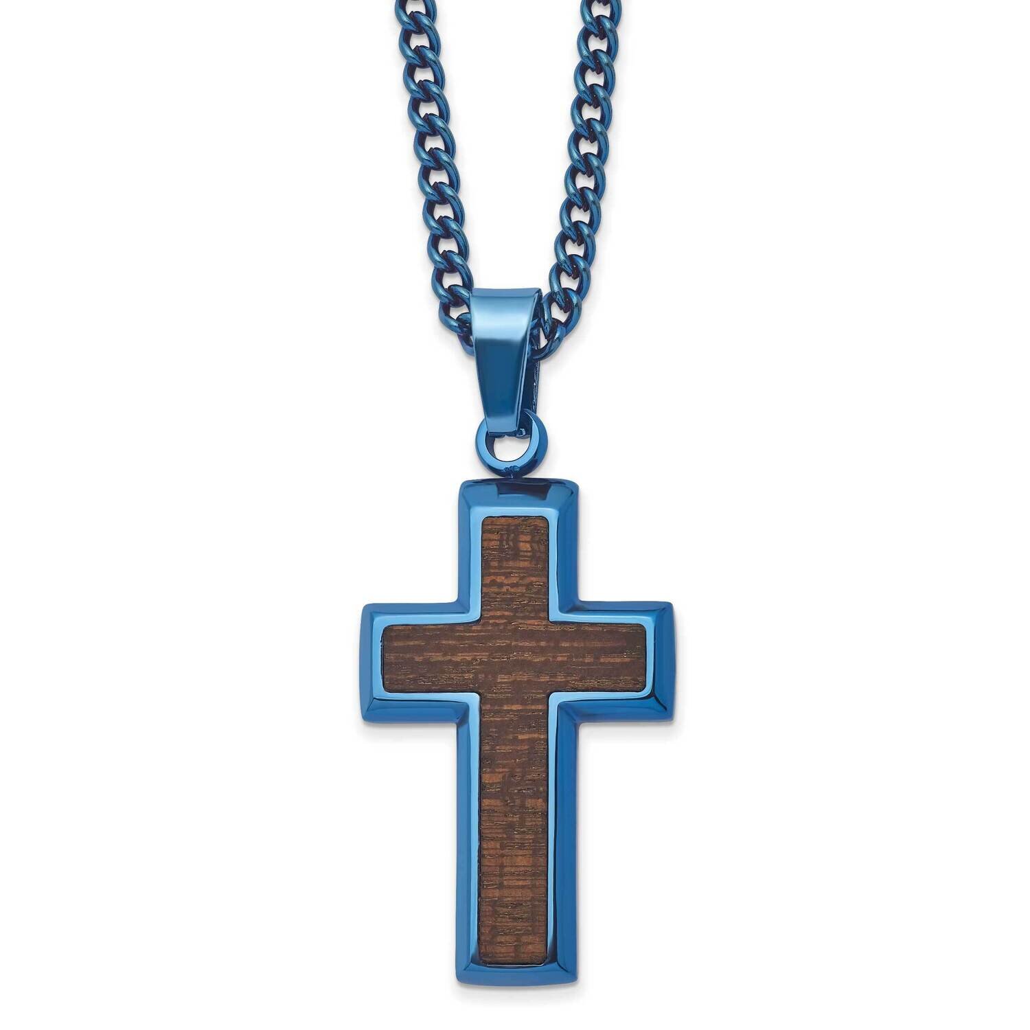 Blue Ip-Plated with Wood Inlay Cross 24 Inch Necklace Stainless Steel Polished SRN2778-24 by Chisel…
