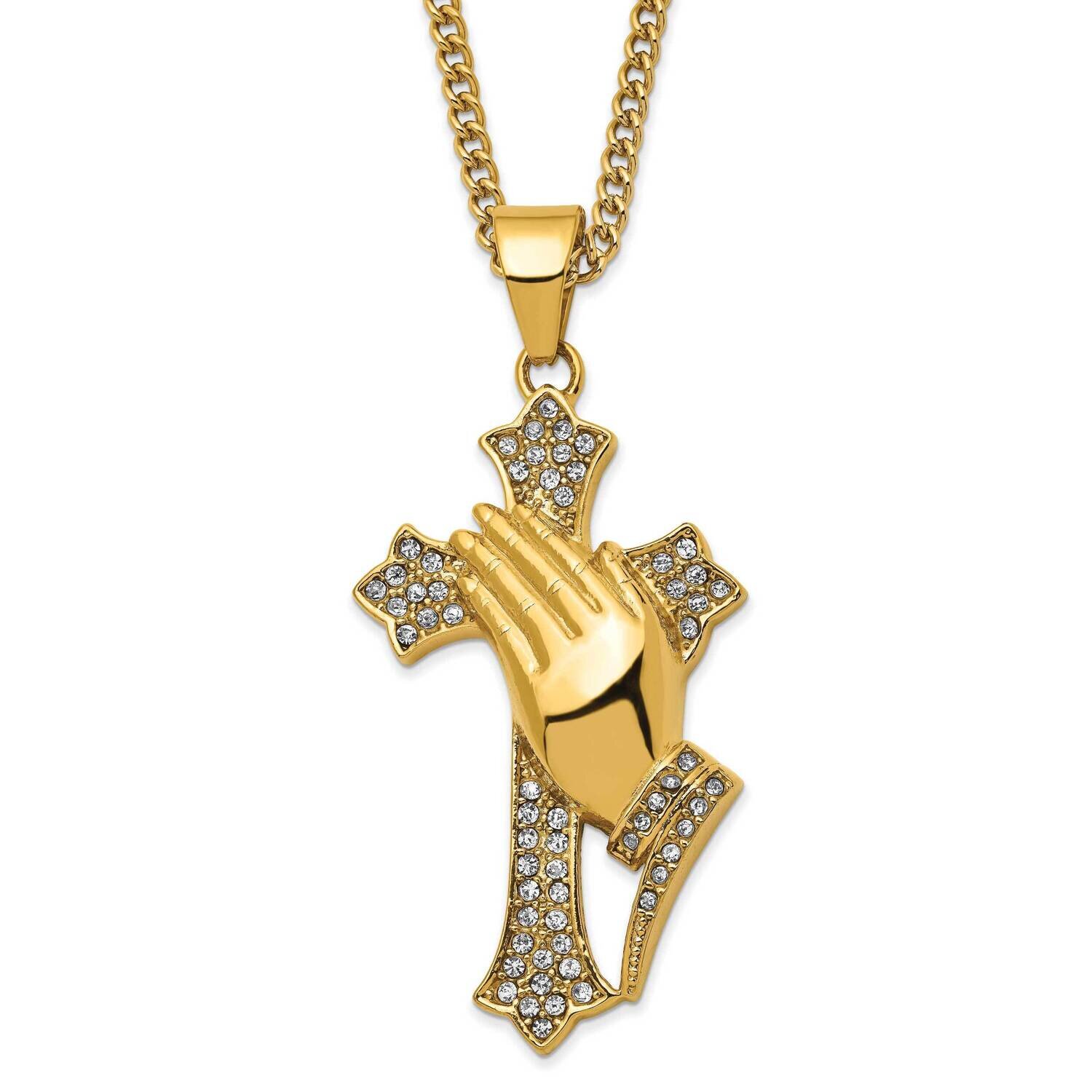 24 Inch Polished Yellow Ip with Crystal Prayer Hands Cross Neckl Stainless Steel SRN2779-24