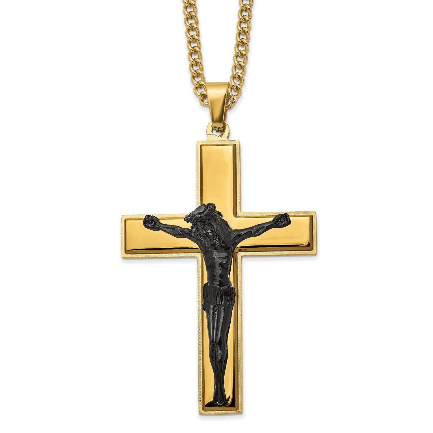 Black/Yellow Ip-Plated Crucifix 24 Inch Necklace Stainless Steel Polished SRN2780-24
