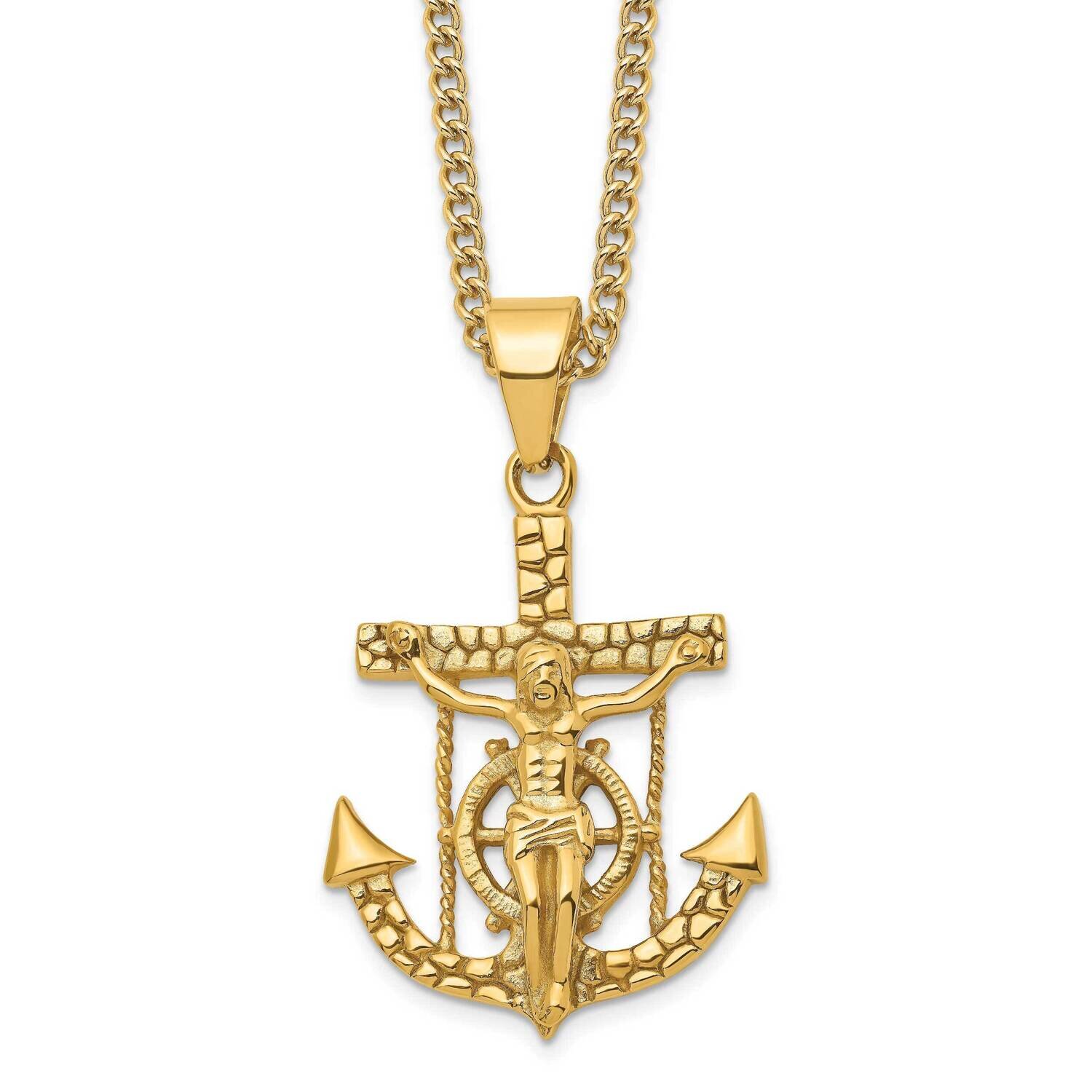 24 Inch Polished & Textured Yellow Ip Mariner's Cross Necklace Stainless Steel SRN2790-24