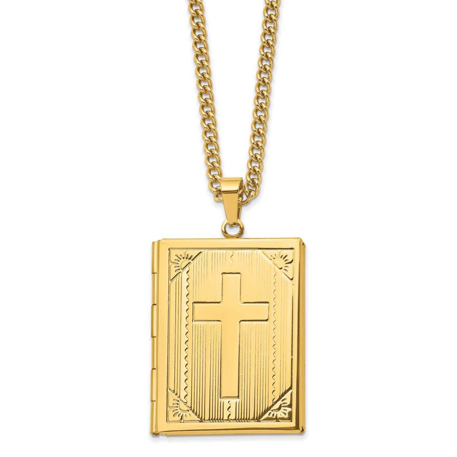 Yellow Ip-Plated Cross Bible Locket 24 Inch Necklace Stainless Steel Polished SRN2801-24