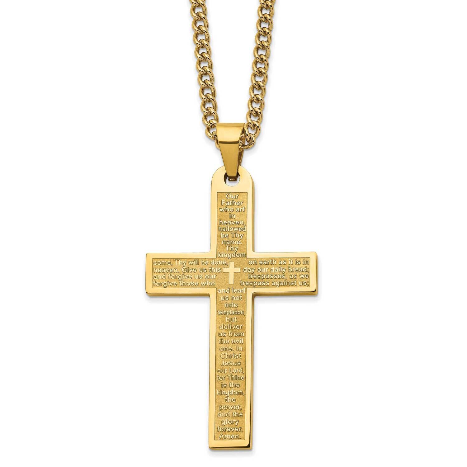Yellow Ip-Plated Lord&#39;s Prayer Cross 24 Inch Necklace Stainless Steel Polished SRN2802-24