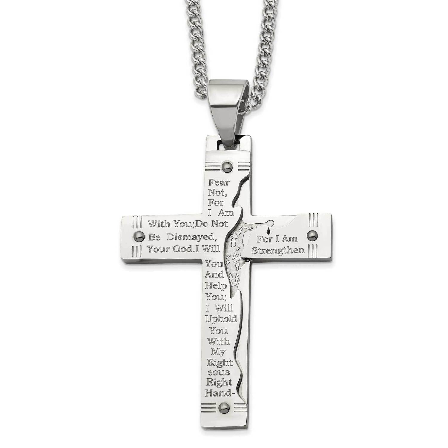 Etched Isaiah 41:10 Prayer Cross 24 Inch Necklace Stainless Steel Polished SRN2805-24