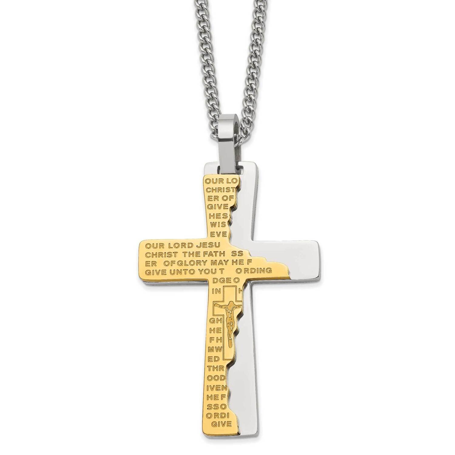 Yellow Ip Etched Broken Prayer Cross 24 Inch Necklace Stainless Steel Polished SRN2806-24