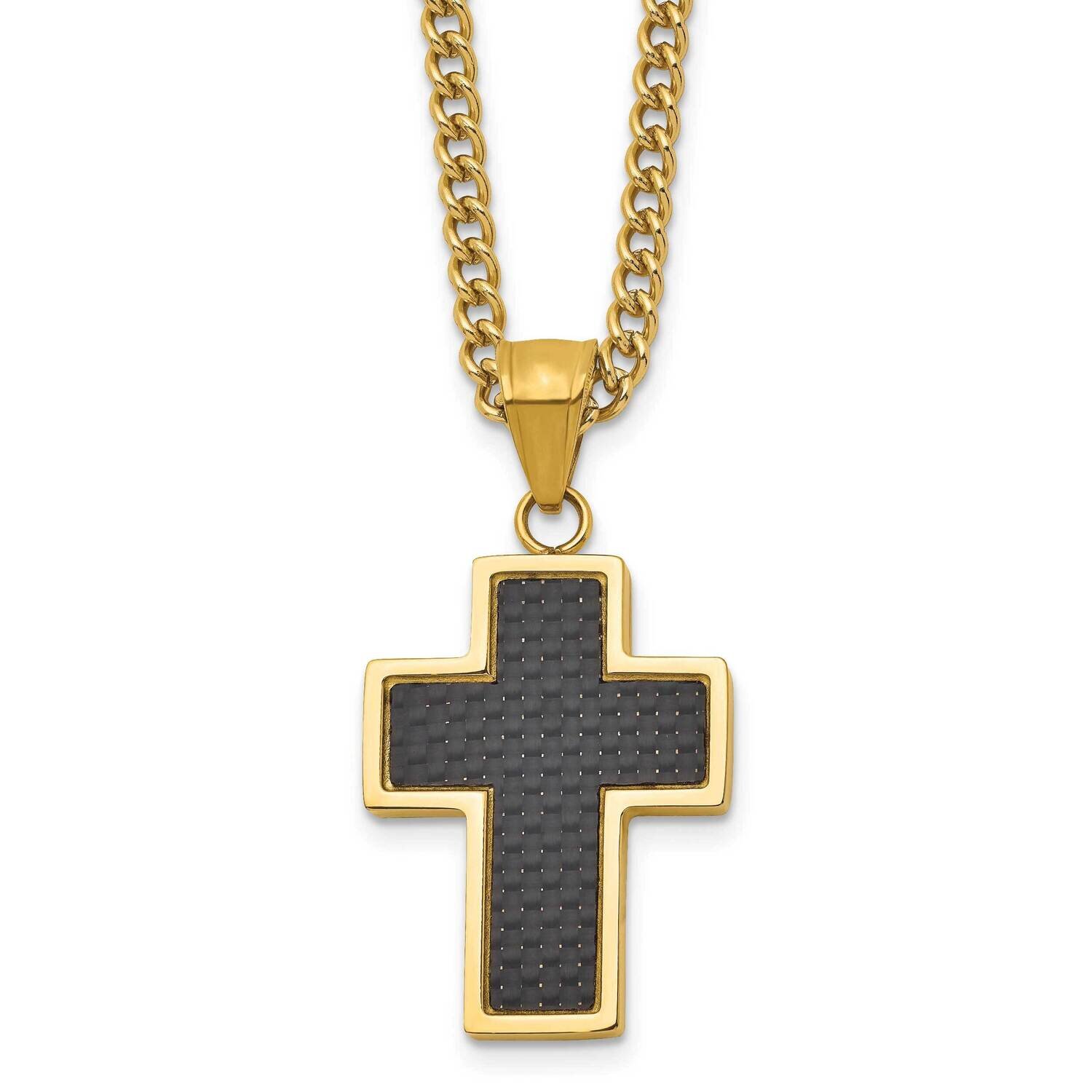 Yellow Ip with Carbon Fiber Inlay Cross 24 Inch Necklace Stainless Steel Polished SRN2807-24