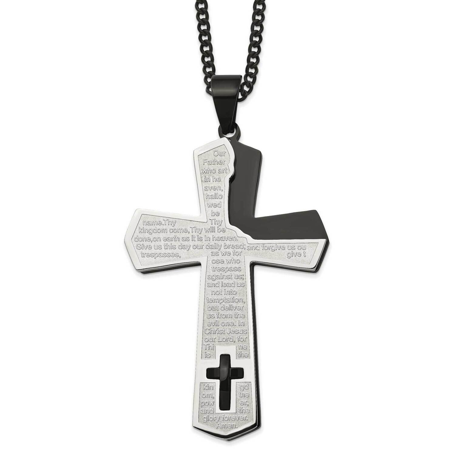 Black Ip-Plated Lord&#39;s Prayer Cross 24 Inch Necklace Stainless Steel Polished SRN2808-24