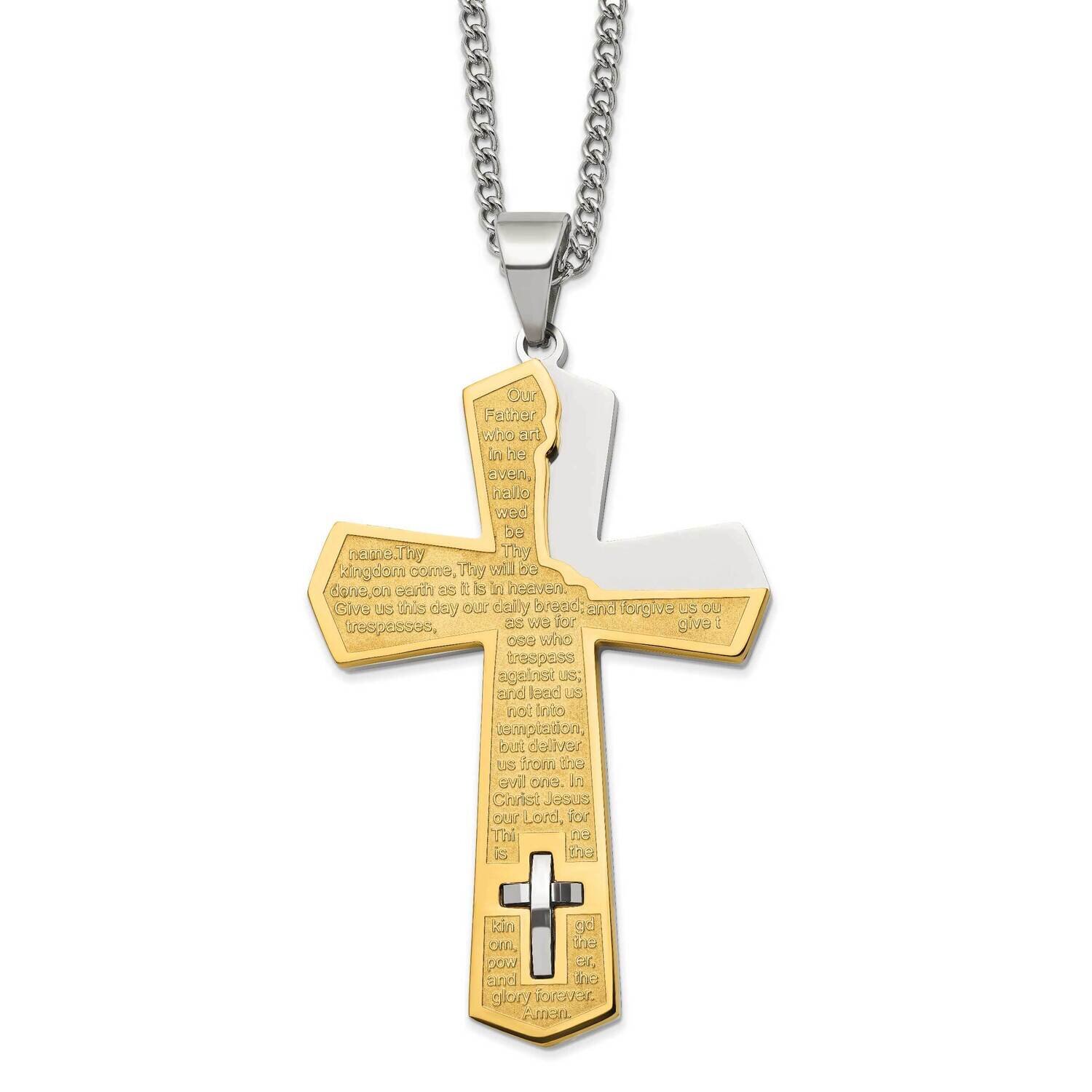 Yellow Ip-Plated Lord's Prayer Cross 24 Inch Necklace Stainless Steel Polished SRN2811-24