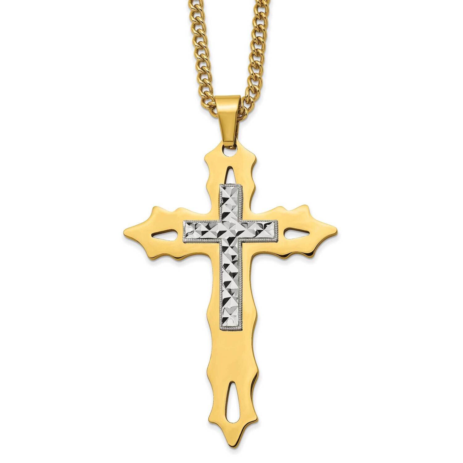 Yellow Ip-Plated Diamond-Cut Cross 24 Inch Necklace Stainless Steel Polished SRN2815-24