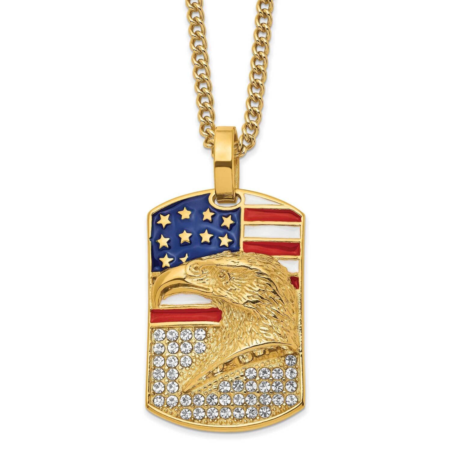 Yellow Ip Enamel Crystal Eagle & Flag Necklace Stainless Steel Polished SRN2816-24