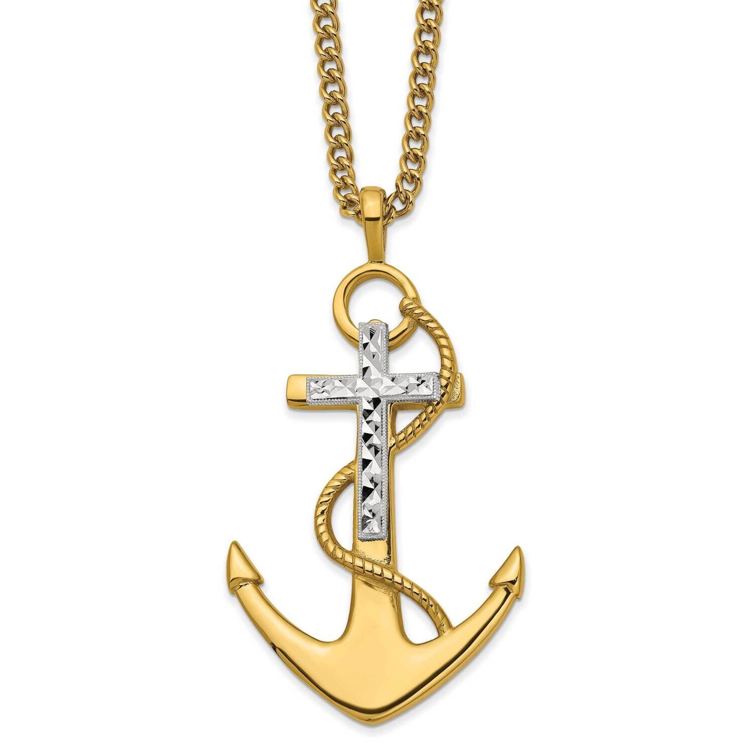 Yellow Ip-Plated Diamond-Cut Cross & Anchor 24 Inch Necklace Stainless Steel Polished SRN2824-24