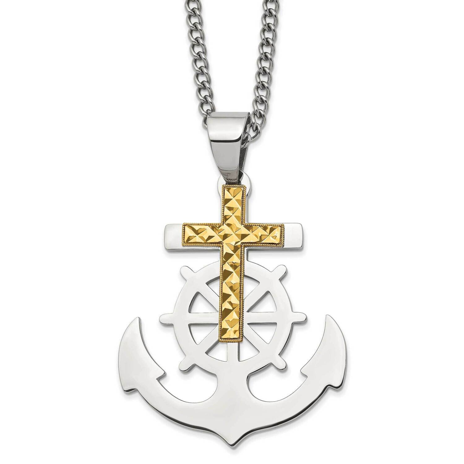 Yellow Ip-Plated Diamond-Cut Cross/Anchor 24 Inch Necklace Stainless Steel Polished SRN2825-24