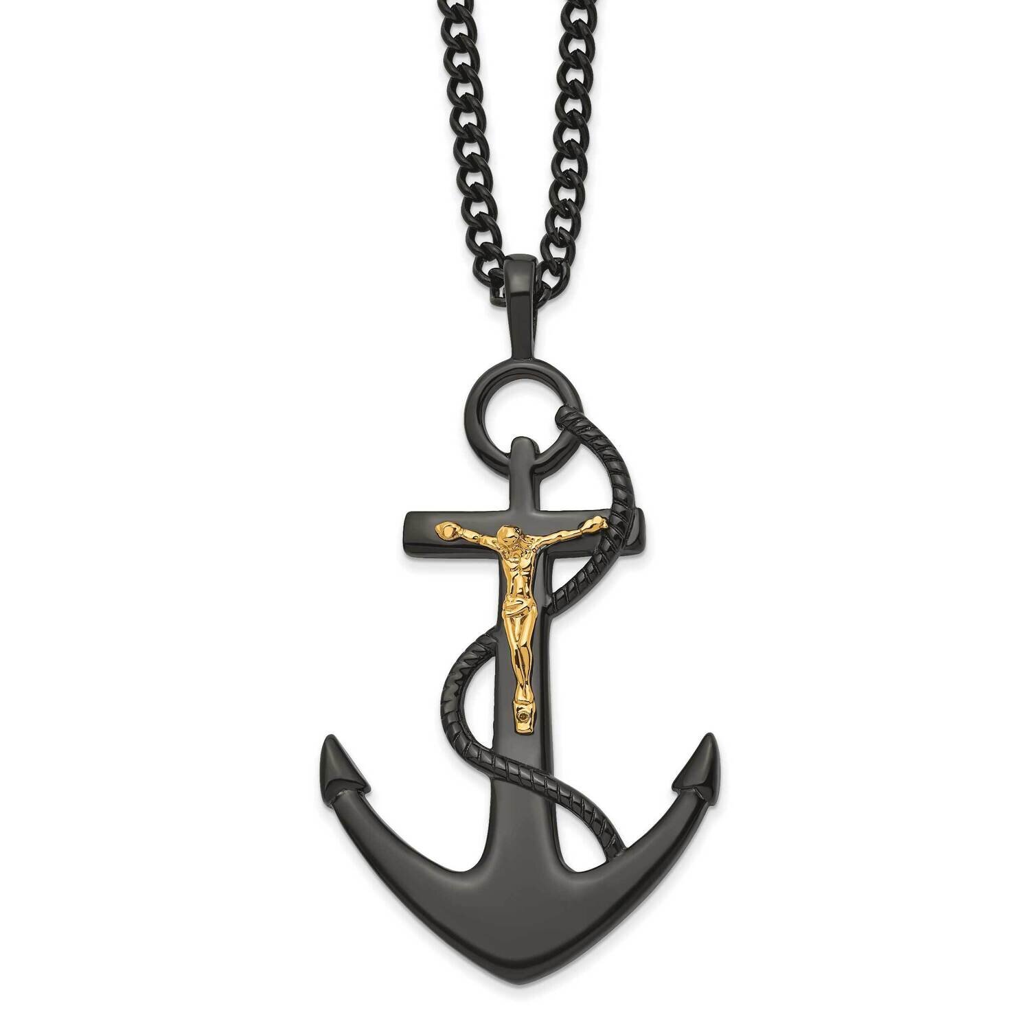 24 Inch Polished Black & Yellow Ip Crucifix Anchor Necklace Stainless Steel SRN2826-24