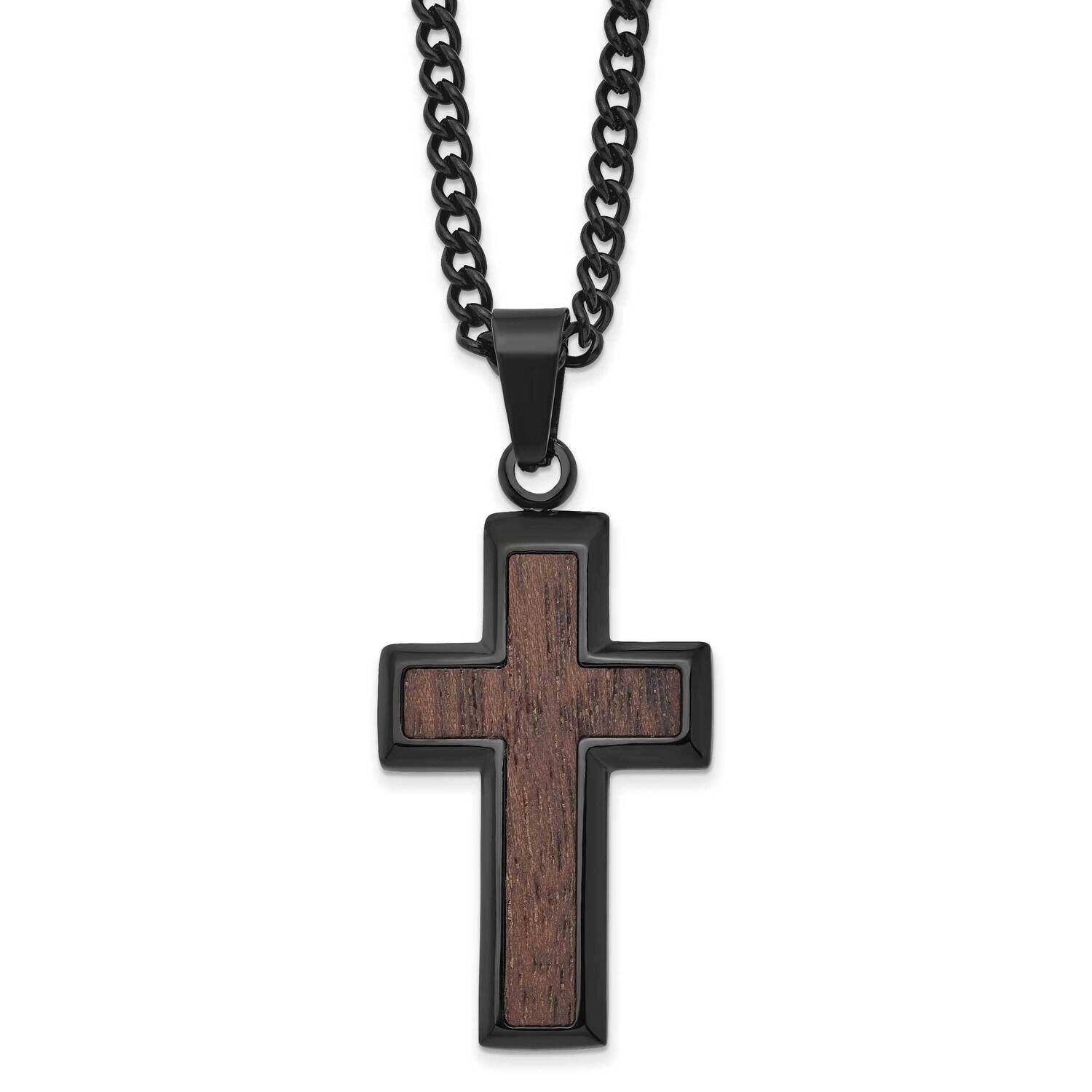 Black Ip-Plated with Wood Inlay Cross 24 Inch Necklace Stainless Steel Polished SRN2829-24