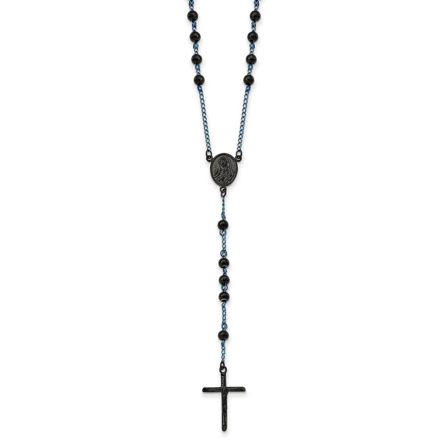 Black and Blue Ip-Plated 30 Inch Rosary Necklace Stainless Steel Polished SRN2835