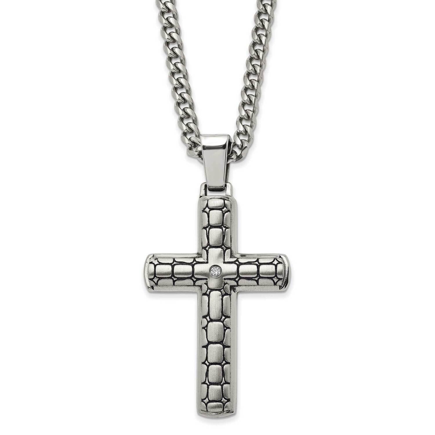 Antiqued Brushed & Polished with CZ Diamond Cross 24 Inch Necklace Stainless Steel SRN2841-24