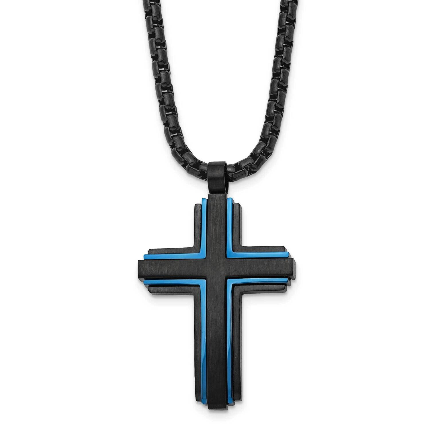 Polished Black/Blue Ip-Plated Cross 24 Inch Necklace Stainless Steel Brushed SRN2842-24
