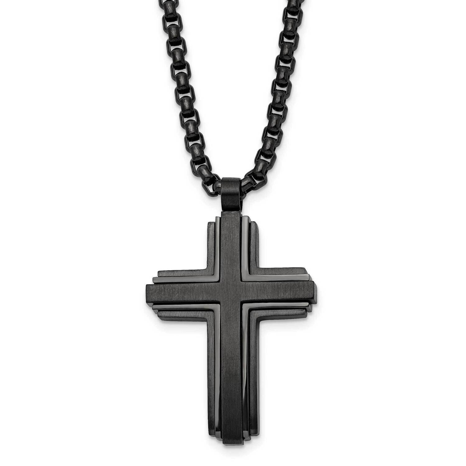Polished Black Ip-Plated Cross 24 Inch Necklace Stainless Steel Brushed SRN2843-24