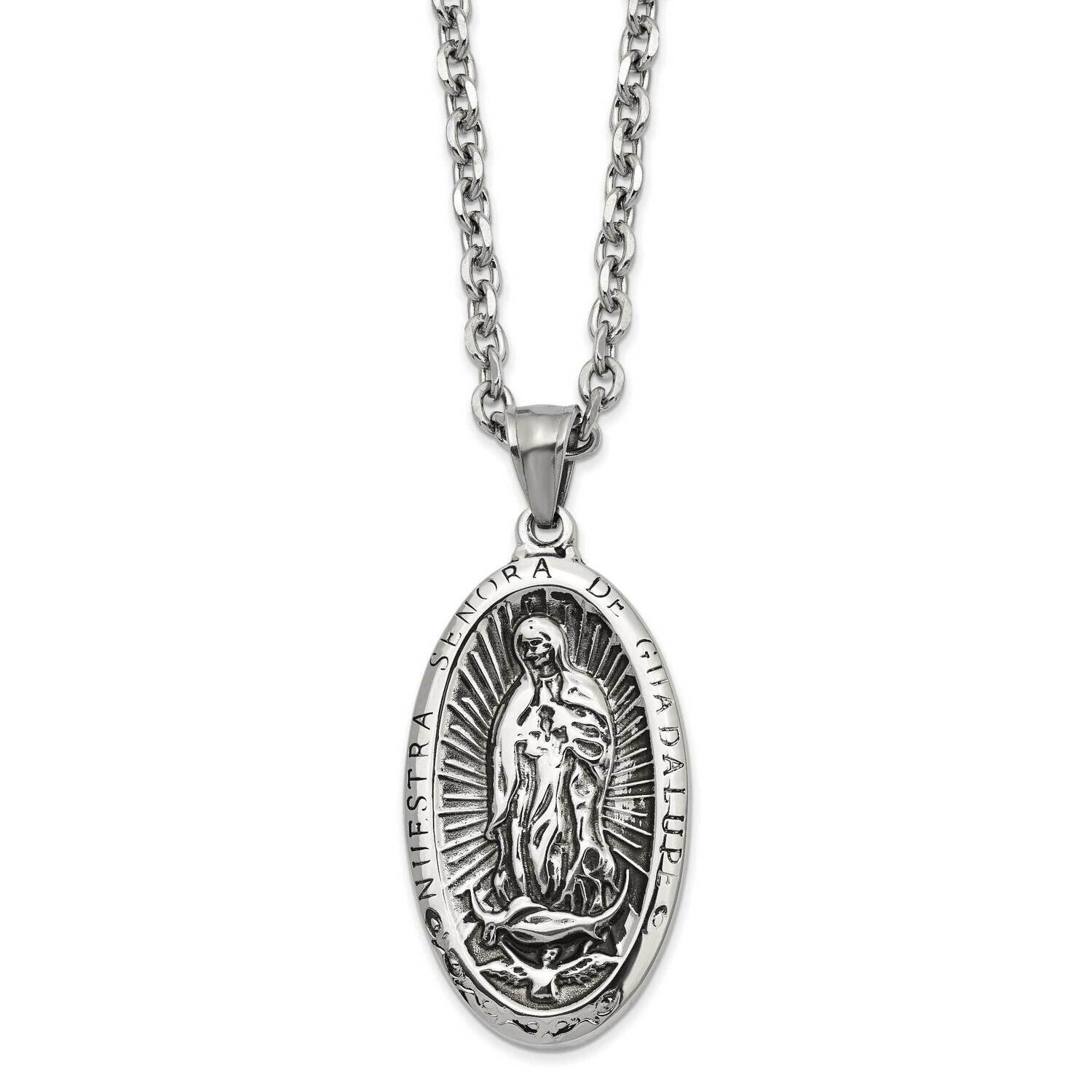 Antiqued & Polished Spanish Lady Of Guadalupe 24 Inch Necklace Stainless Steel SRN2851-24