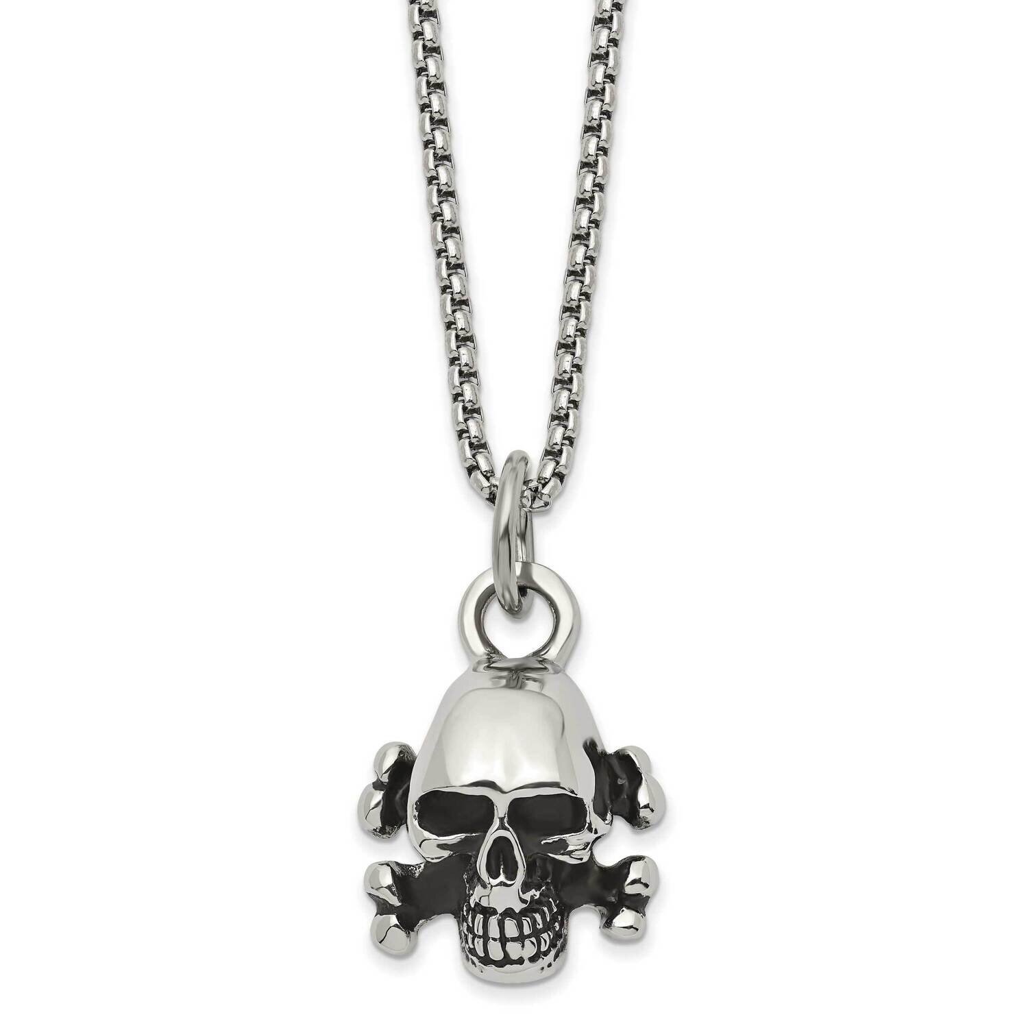 Antiqued and Polished Skull and Cross Bones 24 Inch Necklace Stainless Steel SRN2854-24