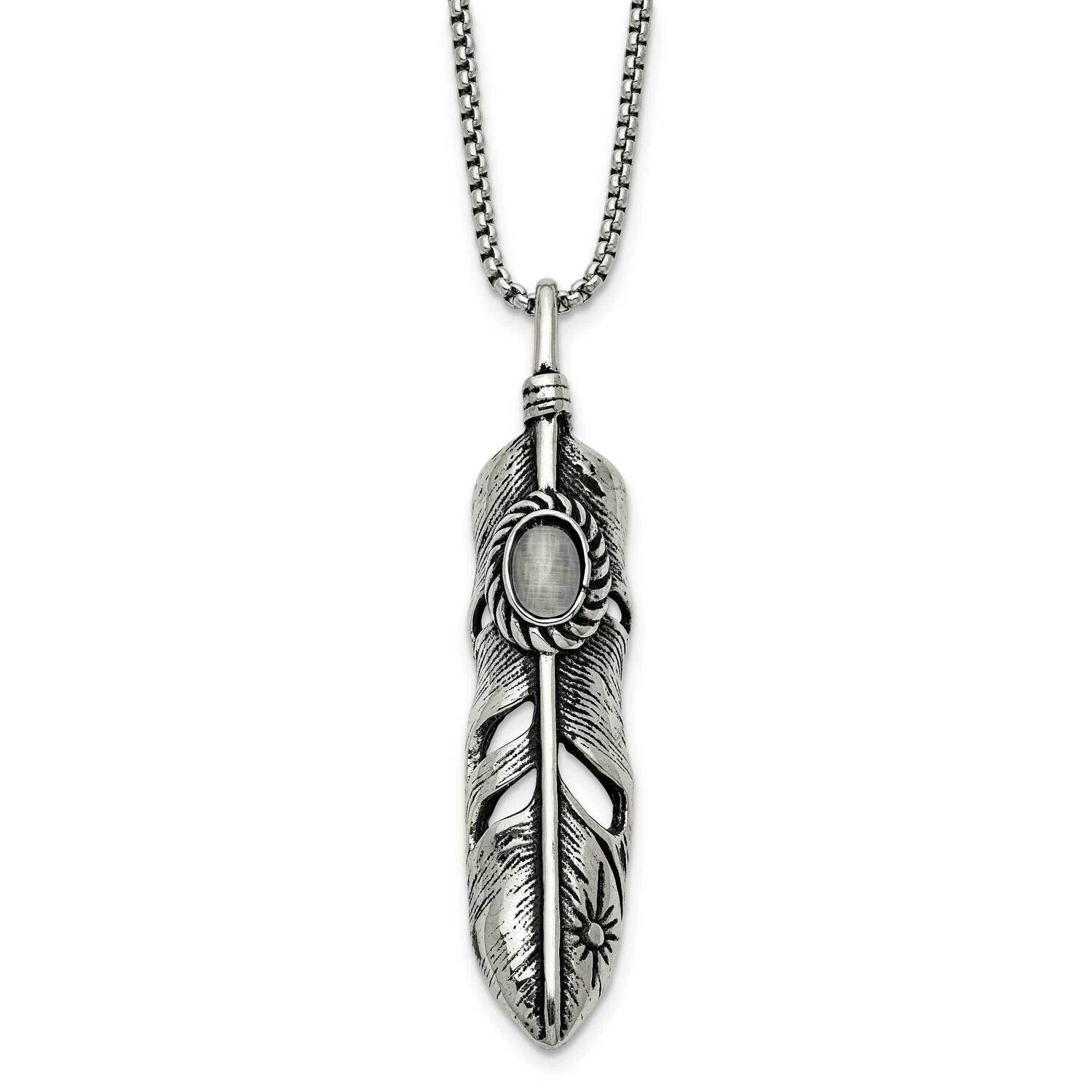 Antiqued &amp; Polished with White Cat&#39;s Eye Feather 24 Inch Necklace Stainless Steel SRN2856-24 by Chi…